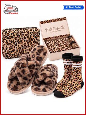 🎅 Fuzzy Faux Fur Leopard Open Toe House Slippers Gift Set for Women